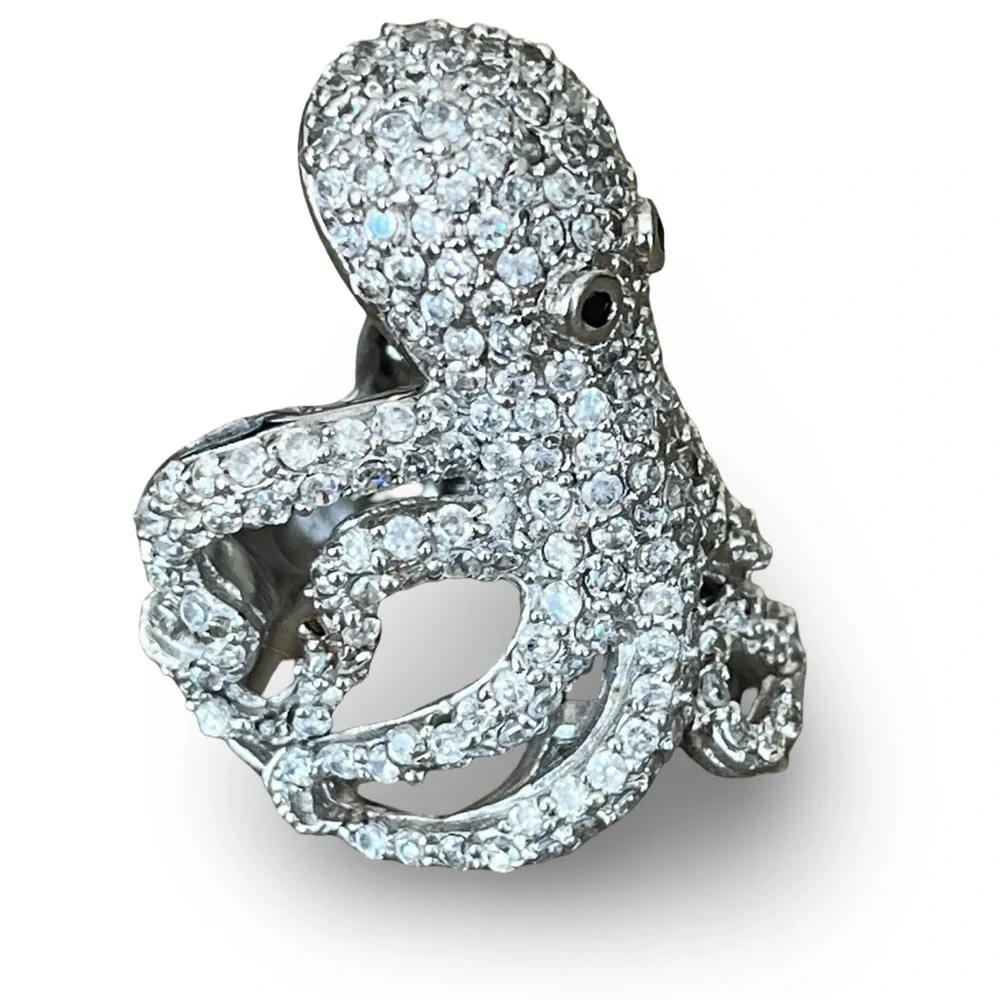 Large Sparkling Pave Silver Tone Statement Octopus Ring Size 7